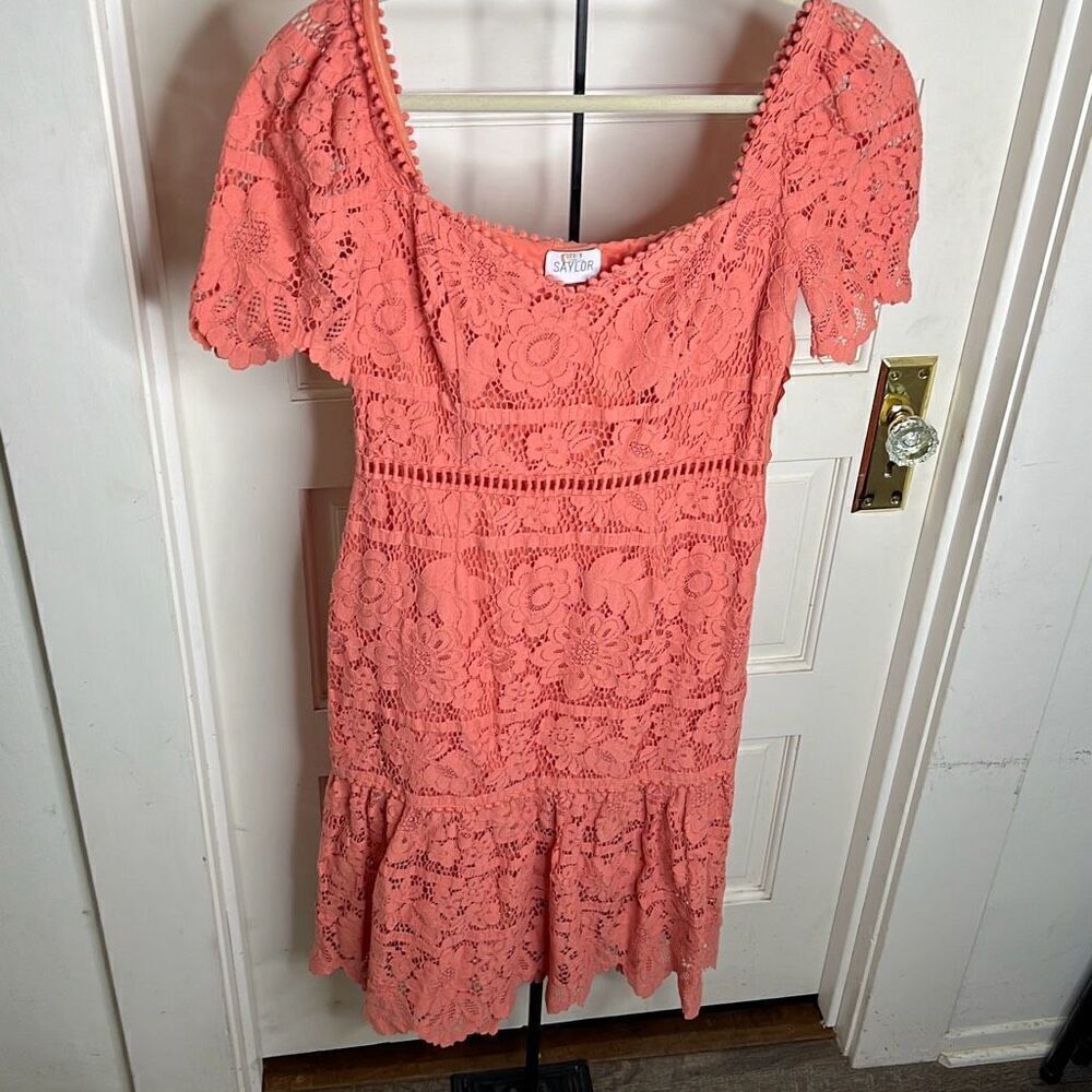 SAYLOR Louisa Coral Lace Midi Sheath Dress with Cut Out Waist Size Medium - Picture 3 of 10